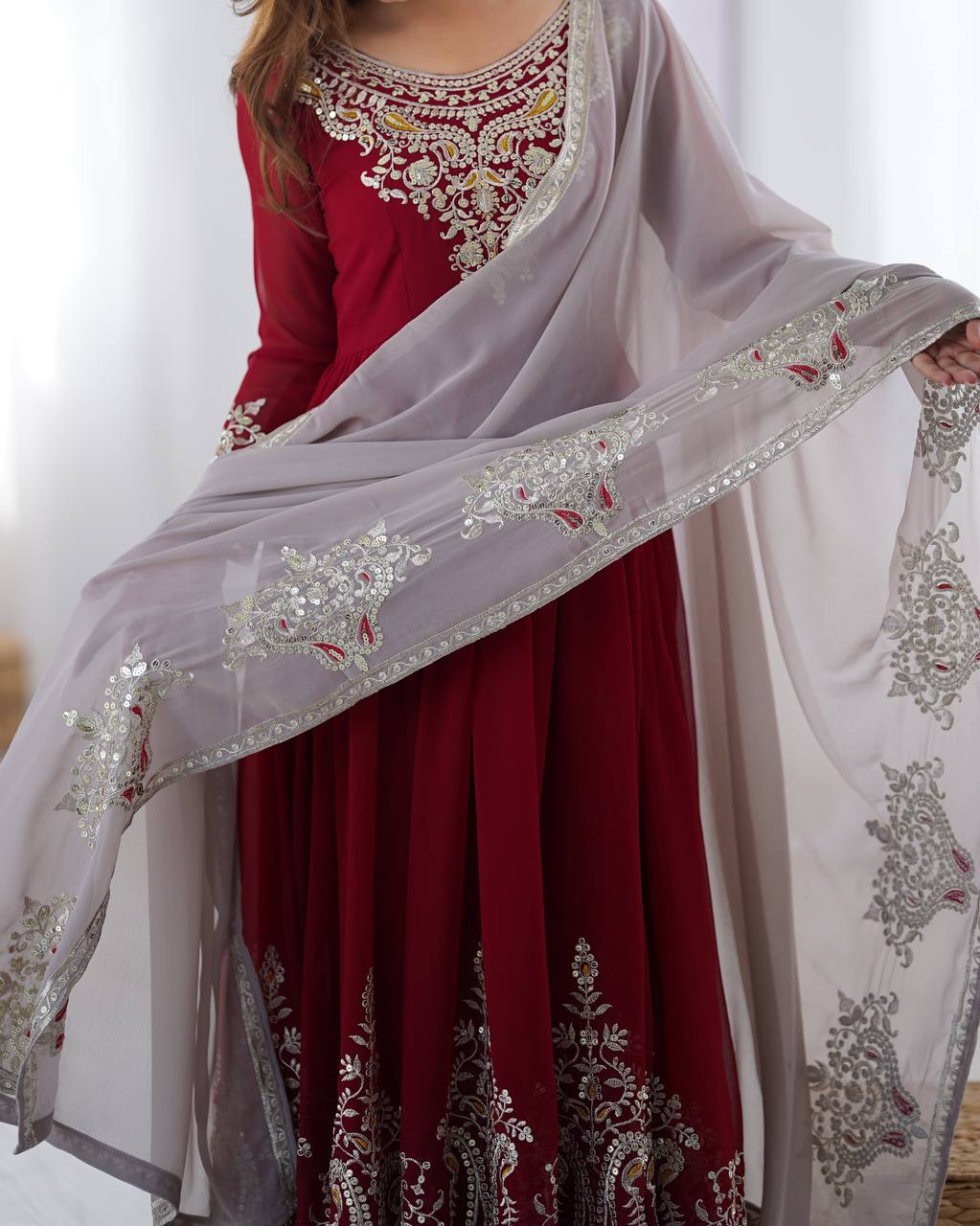 Tejvini Maroon Georgette Embroidered Gown with Dupatta