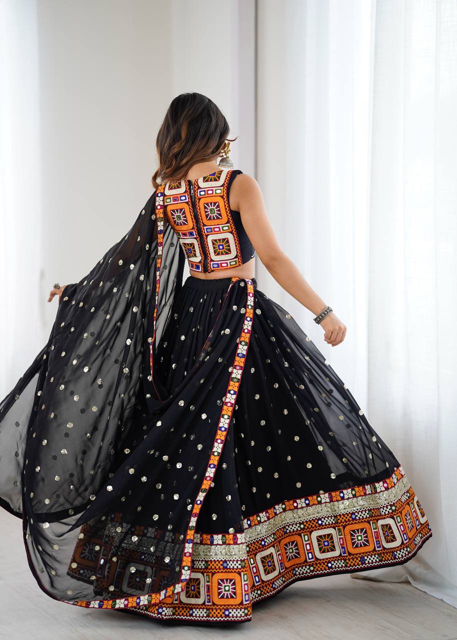 Black Georgette with Gamthi Thread Mirror Work Lehenga Choli with Dupatta
