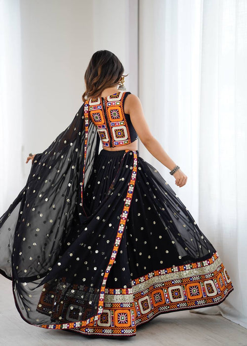 Black georgette lehenga choli with Gamthi embroidery and mirror work