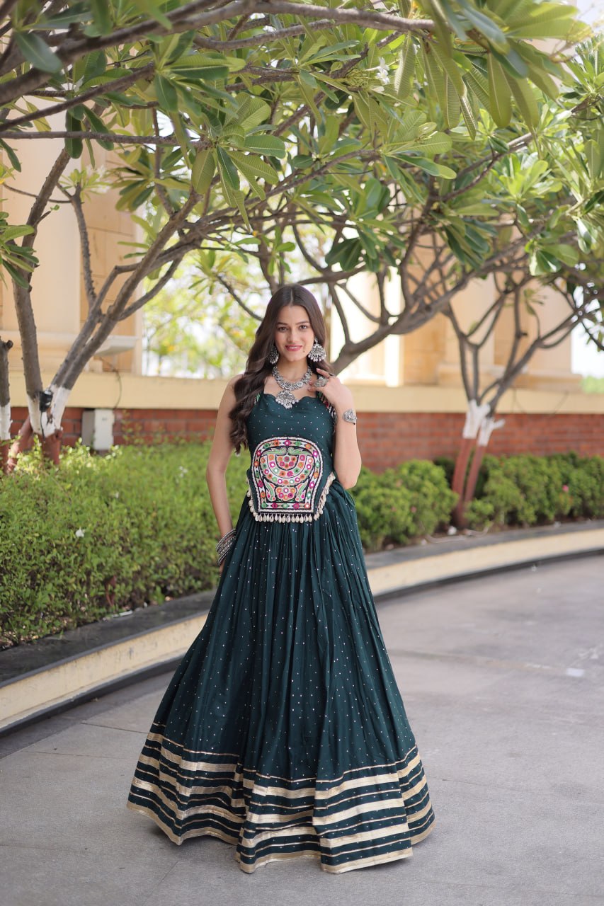 Yashvi Green Reyon Mukesh Patti Lace Lehenga Choli