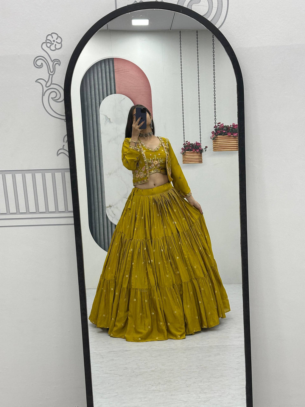 Mustard yellow chinon embroidered crop top lehenga with designer jacket