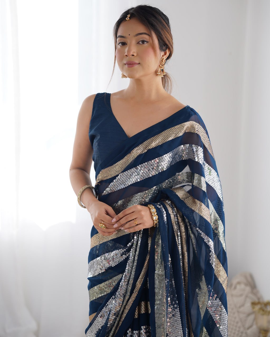 Kira Navy Blue Sequin Embroidery Georgette Saree