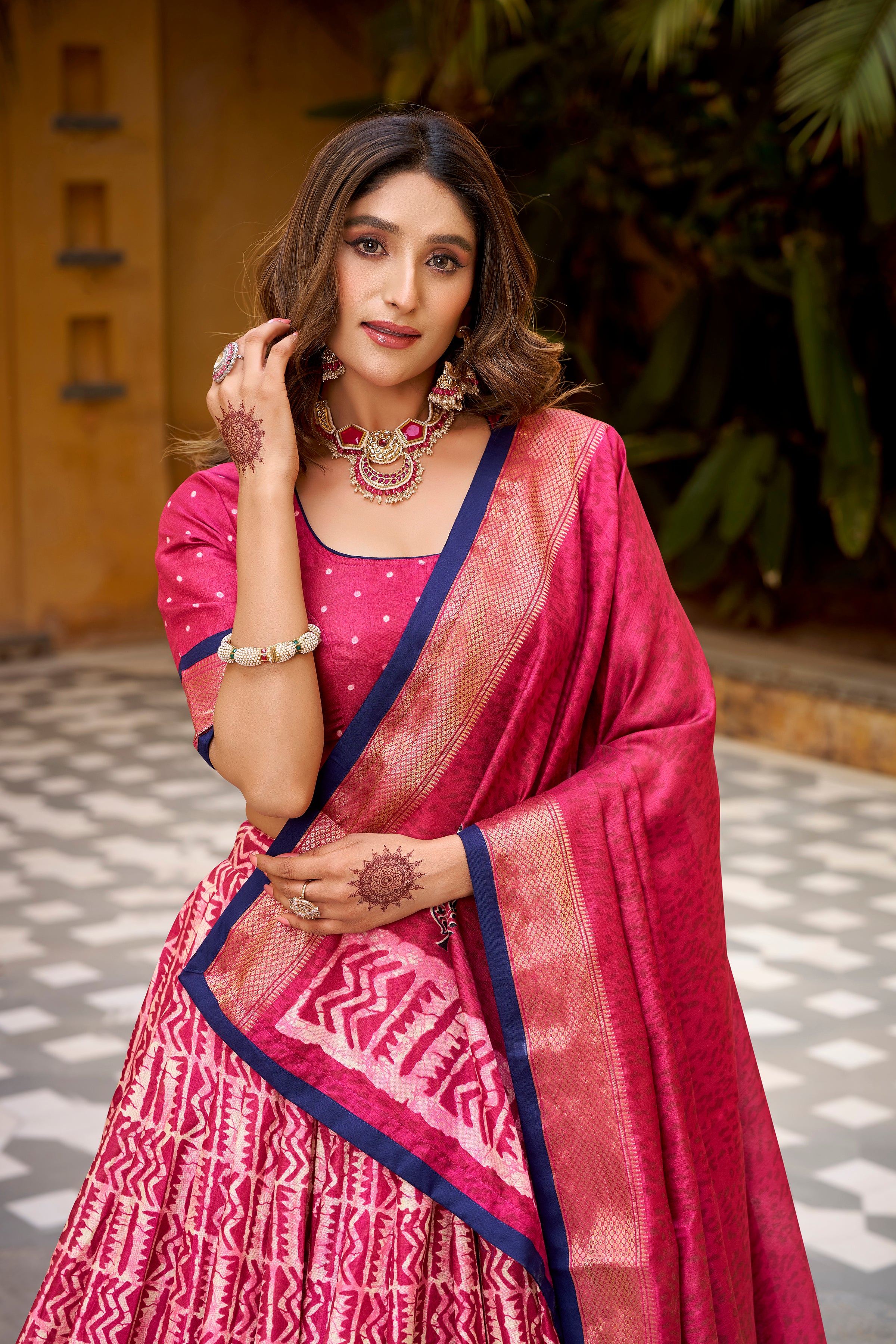 Girija Pink Color Dola Silk Batik Print With Zari
Weaving Work Lehenga Choli