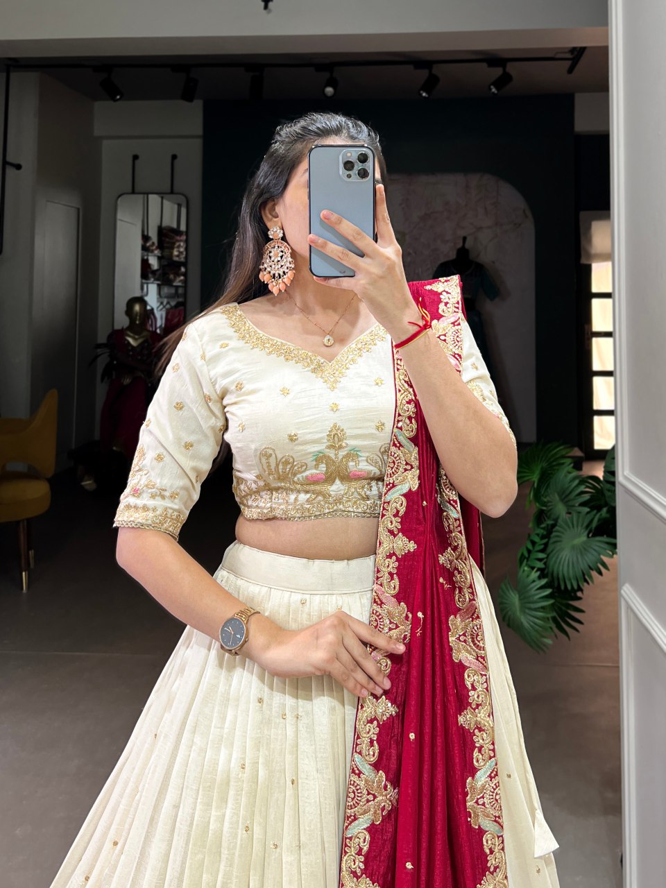 Sharanya off-white Vichitra silk embroidered lehenga choli set