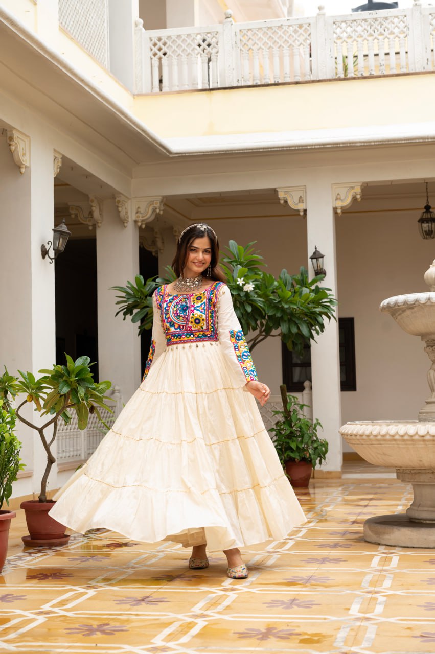 Off-White Kora Cotton Kutchi Gamthi Mirror Work and Kodi Lace Gown
