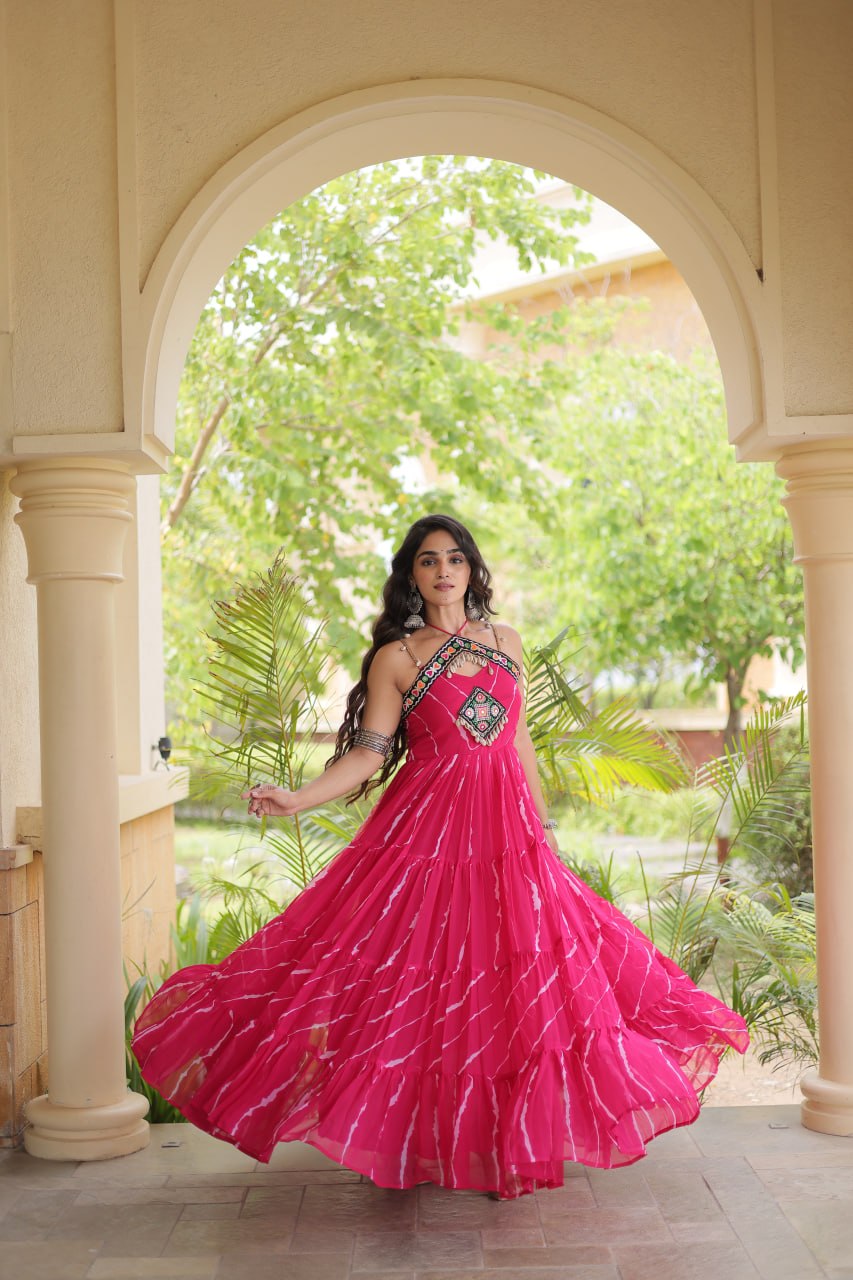 Bhavna Pink Faux Georgette Laheriya Kutchi Patchework Gown