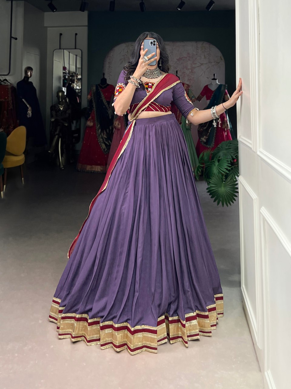 Mauve purple rayon lehenga choli with mirror Gamthi embroidery and dupatta