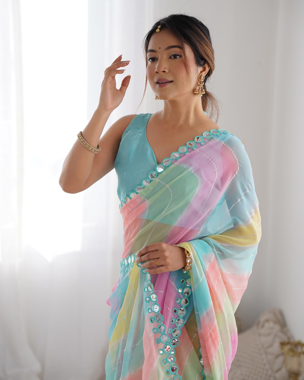 Isha Georgette Mirror Work Multicolor Saree