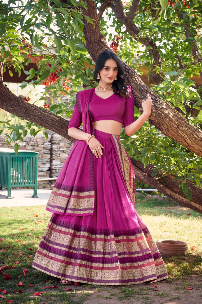 Pink Pure Chanderi Lehenga Choli with Zari Weaving Work & Dupatta