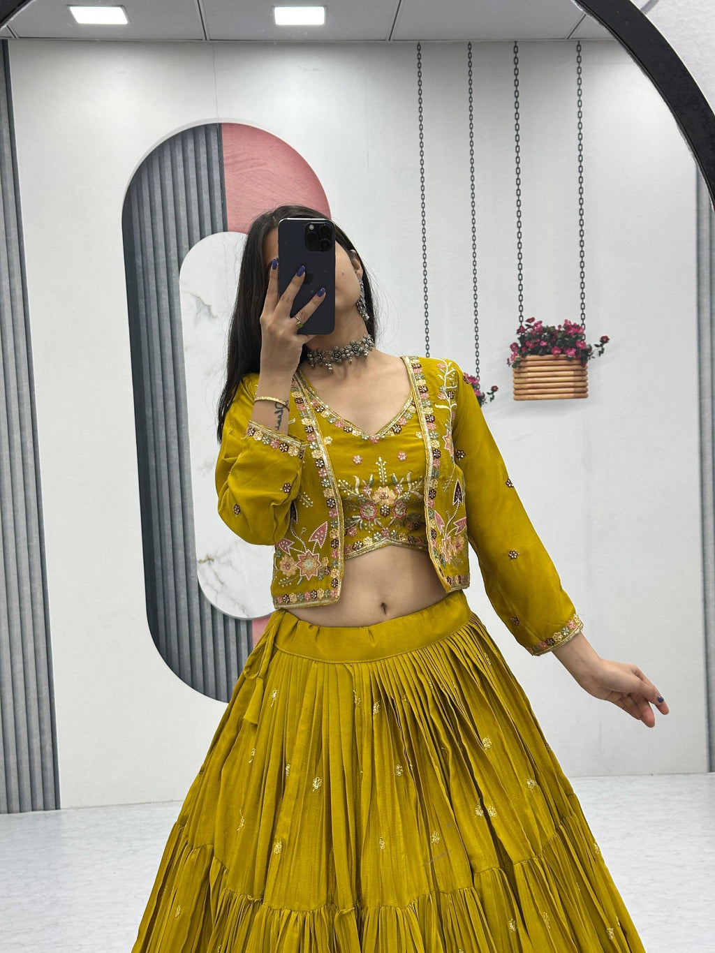 Mustard yellow chinon embroidered crop top lehenga with designer jacket