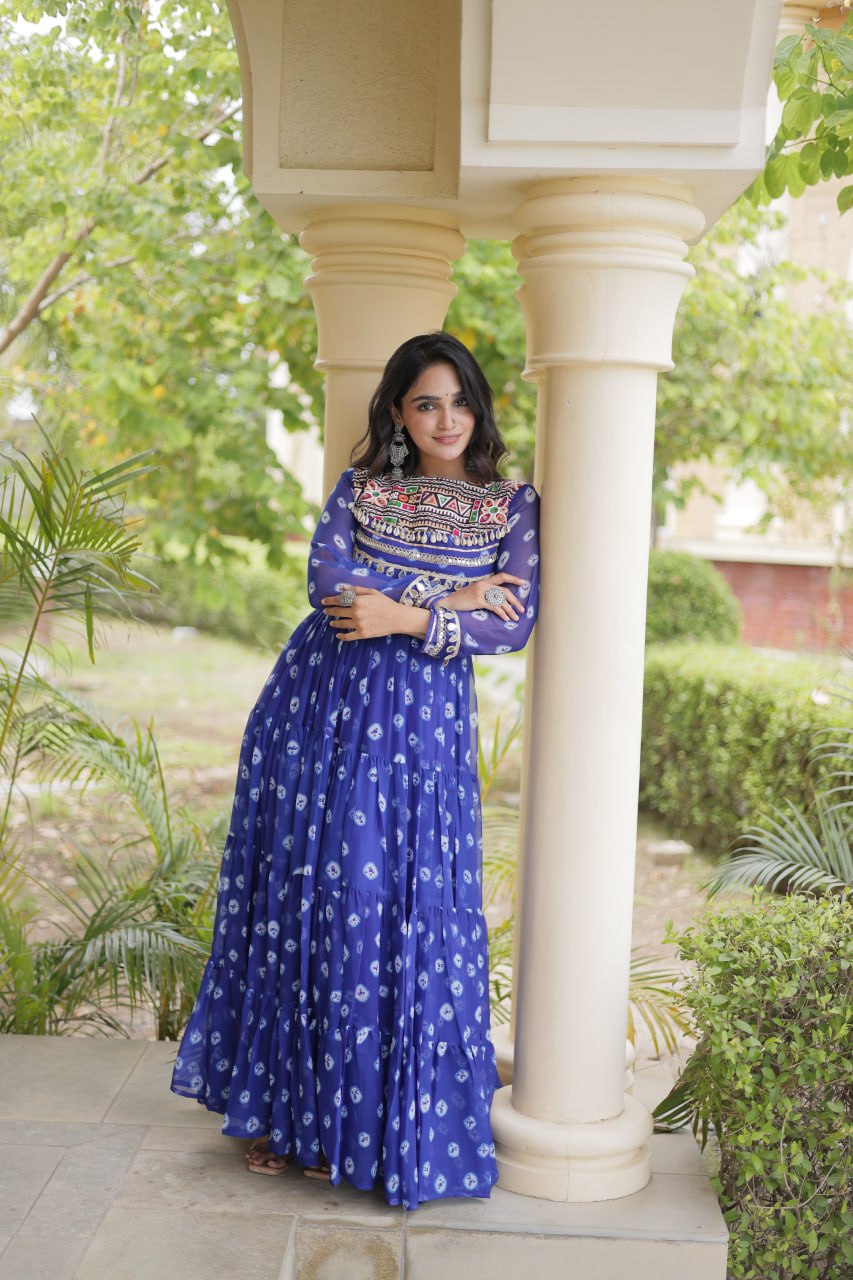 Lavanya Blue Faux Georgette Bandhani Kutchi Patchwork Gown