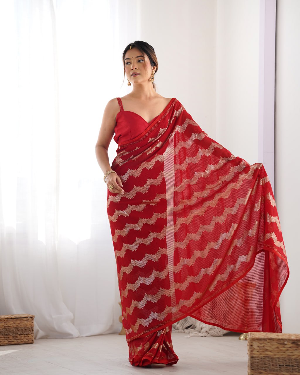 Red georgette saree with sequin & Seroski diamond work, bridal party wear saree with satin blouse, designer ethnic wear by Trinaari for weddings.