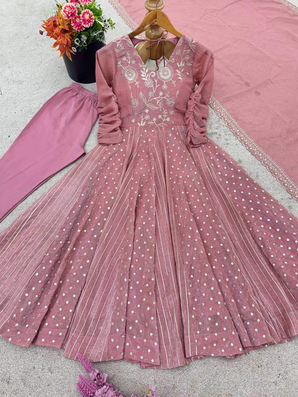 Peach Color Crunchy Silk Embroidered Anarkali Suit Set