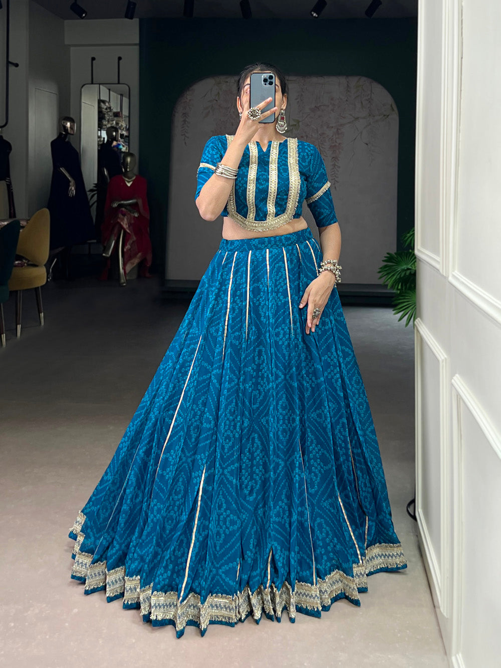 Blue Chiffon Bandhej Print Gota Patti Lace Work Lehenga Choli