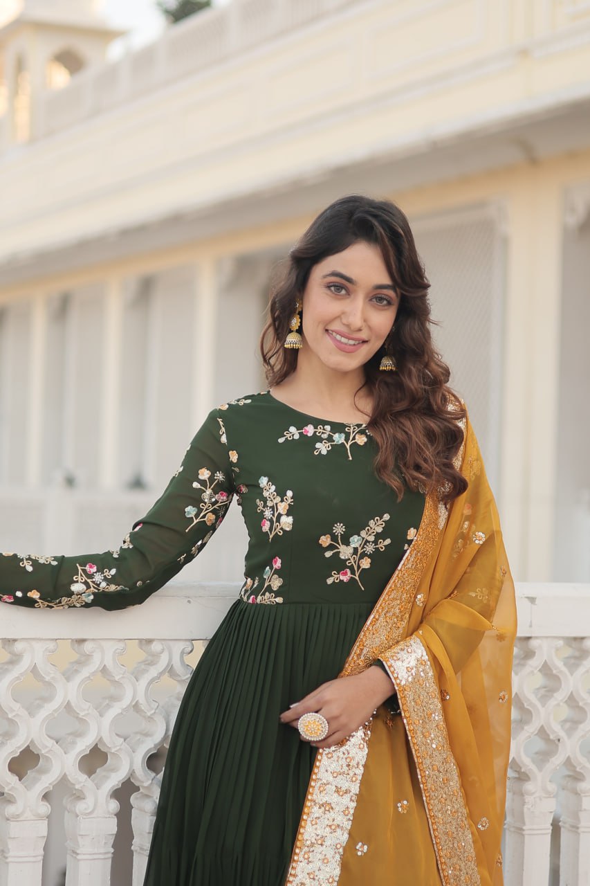 Satyabhama green georgette anarkali gown set