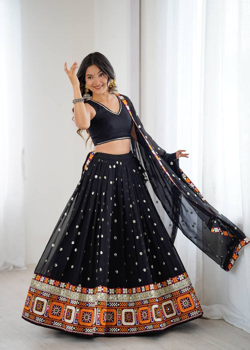 Black georgette lehenga choli with Gamthi embroidery and mirror work