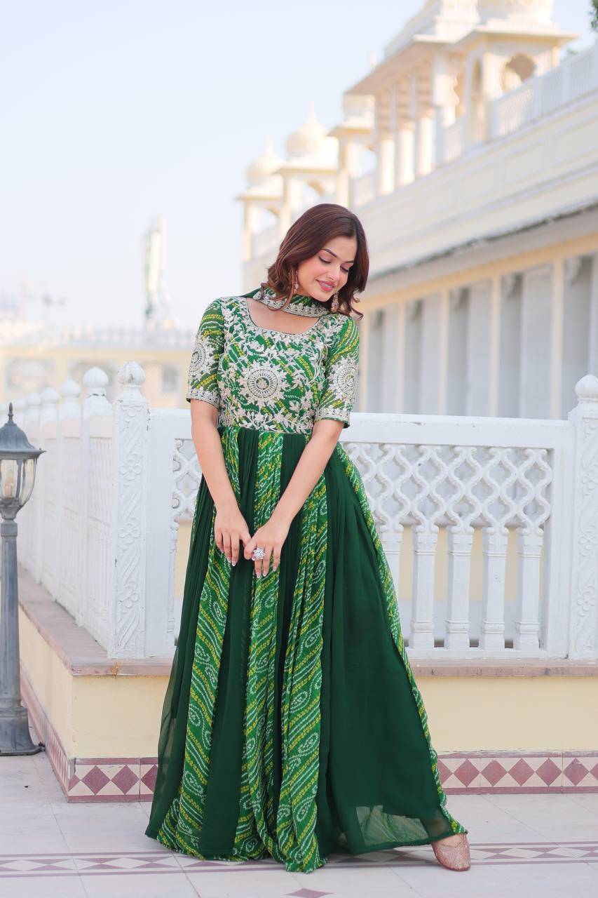 Saanvi Pure Bandhej Georgette Embroidered Gown Set