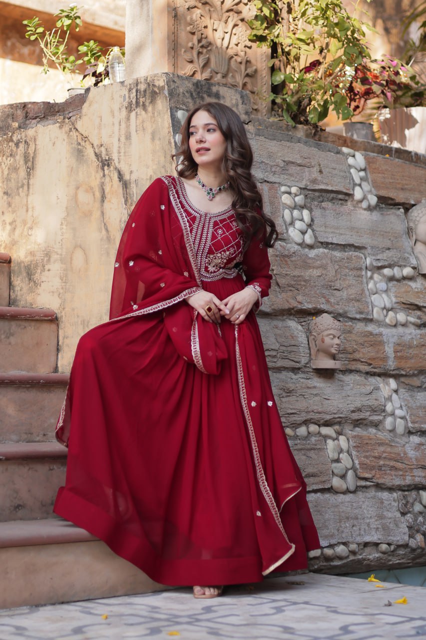 Chamvika Maroon Embroidered Gown Set with Dupatta – long gown for women, party wear gown for wedding, Indian gown for women, maroon gown for engagement, full sleeve ethnic gown, designer gown with dupatta, sequin gown for festival, traditional wear for women, Indo western gown online, stylish Indian dress for sangeet function, ready-to-wear ethnic gown for women.