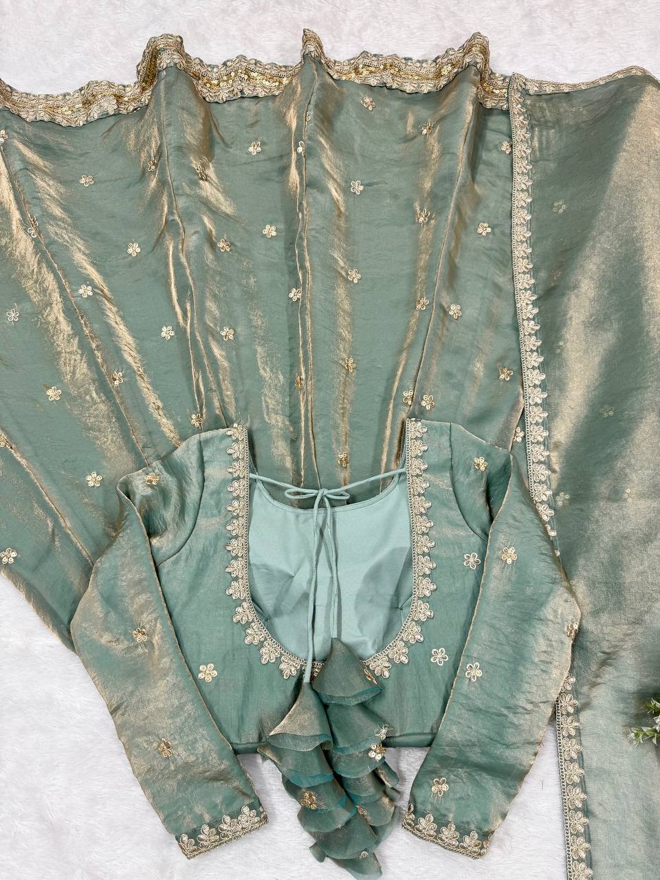 Neelika Sage Green Anarkali Suit Set – designer anarkali suit for women, green ethnic suit set, sequin embroidered gown dress, plus size Indian wear, traditional Indian outfits, wedding guest suit set, long anarkali gown with dupatta, stitched anarkali for party wear, green gown for haldi mehendi, readymade Indian suits for women.