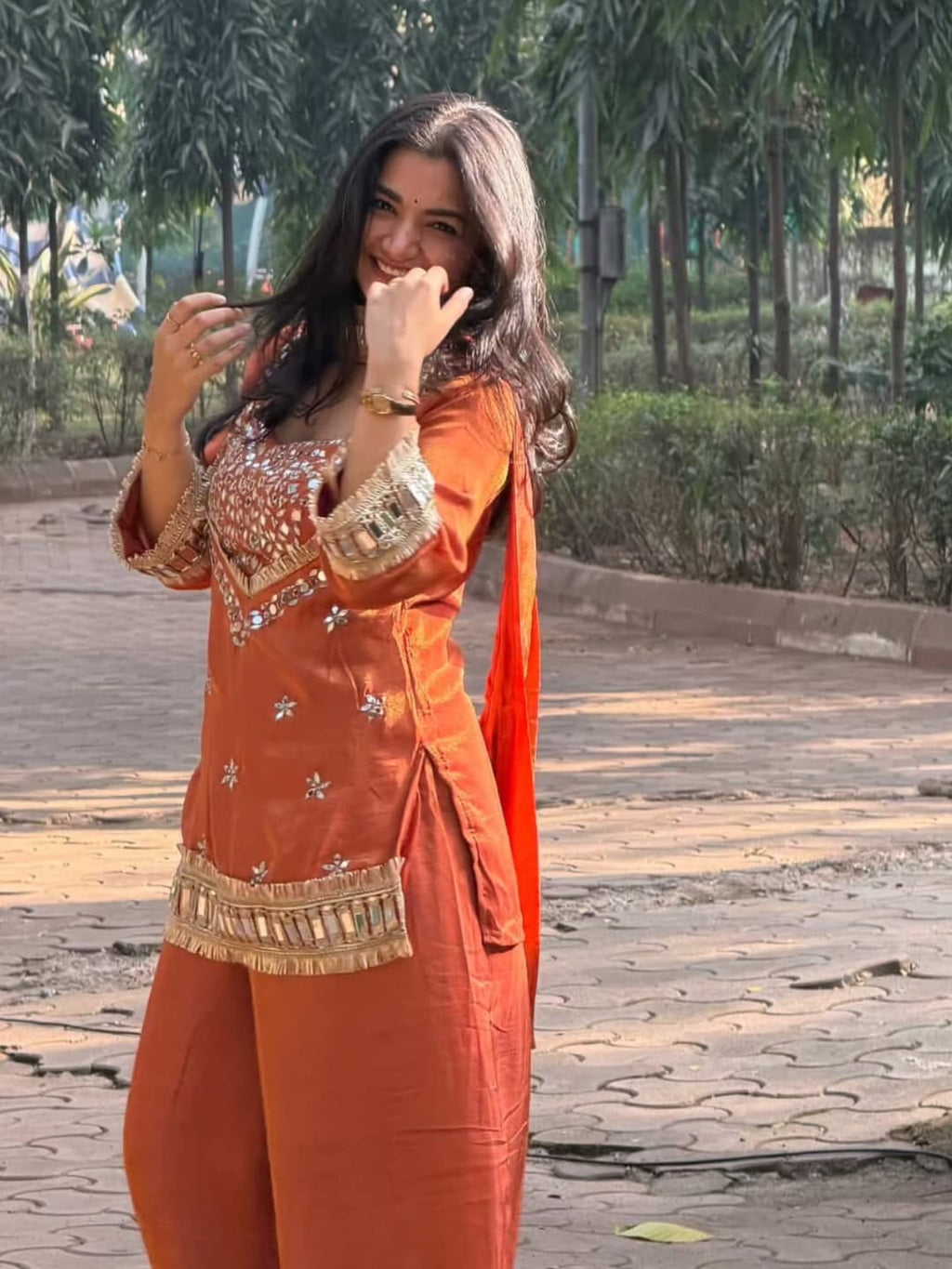 Suhani Orange Fendy Silk Real Mirror Work with Lace Border Kurti Sharara Set