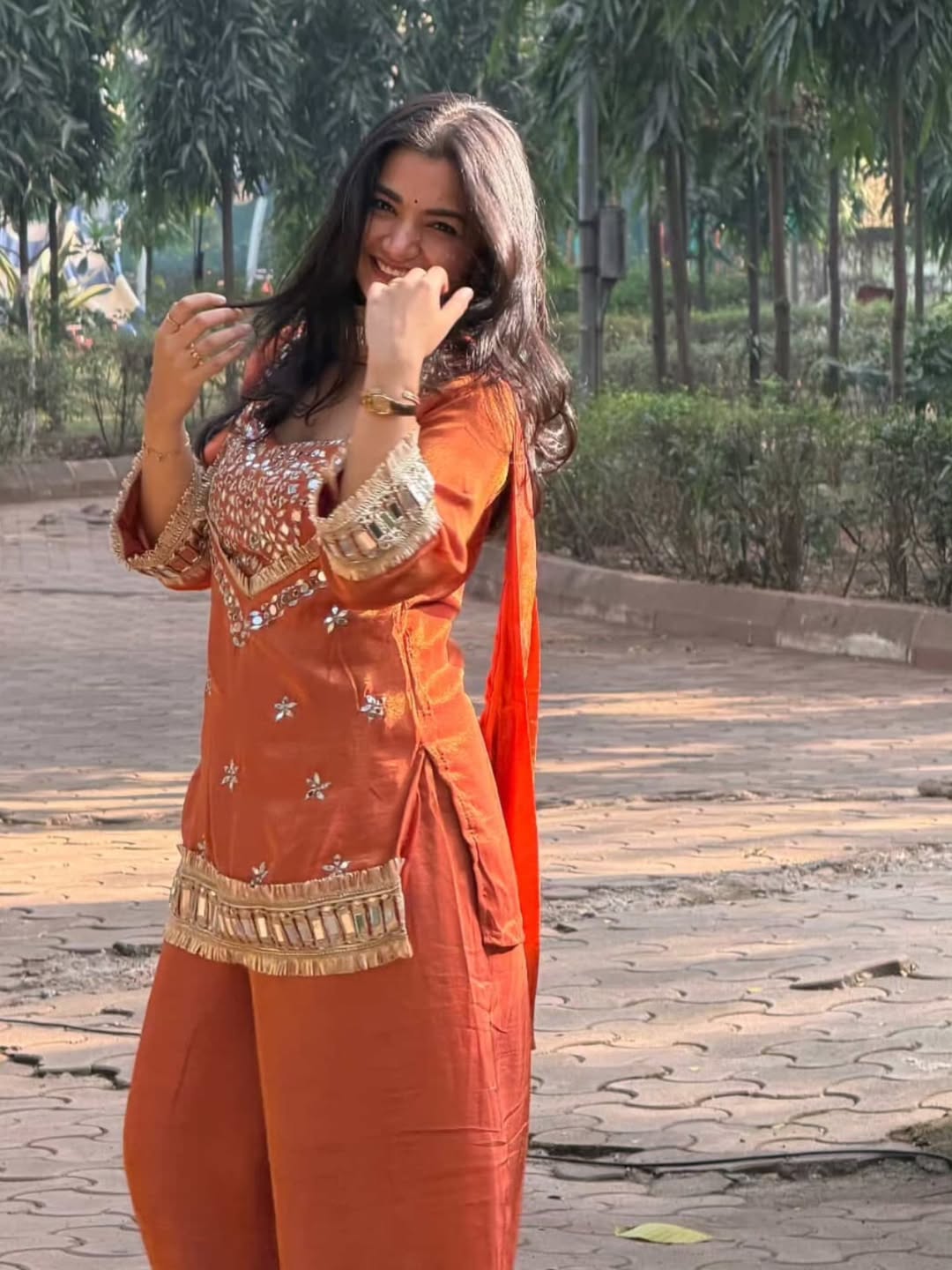 Suhani Orange Fendy Silk Real Mirror Work with Lace Border Kurti Sharara Set