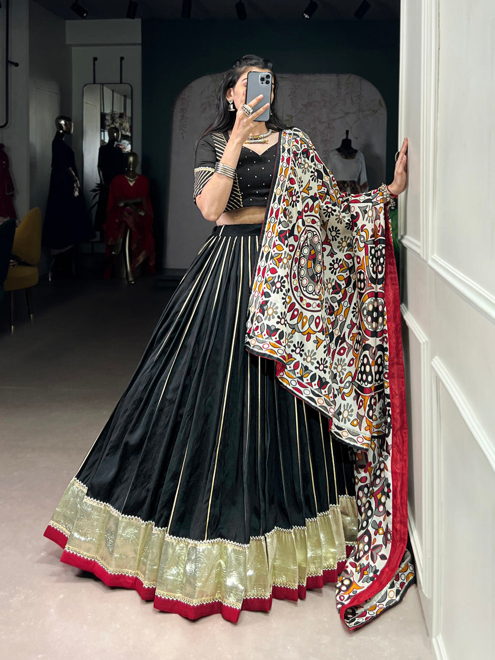 Black Chanderi Zari Weaving and Embossed Lace Lehenga Choli