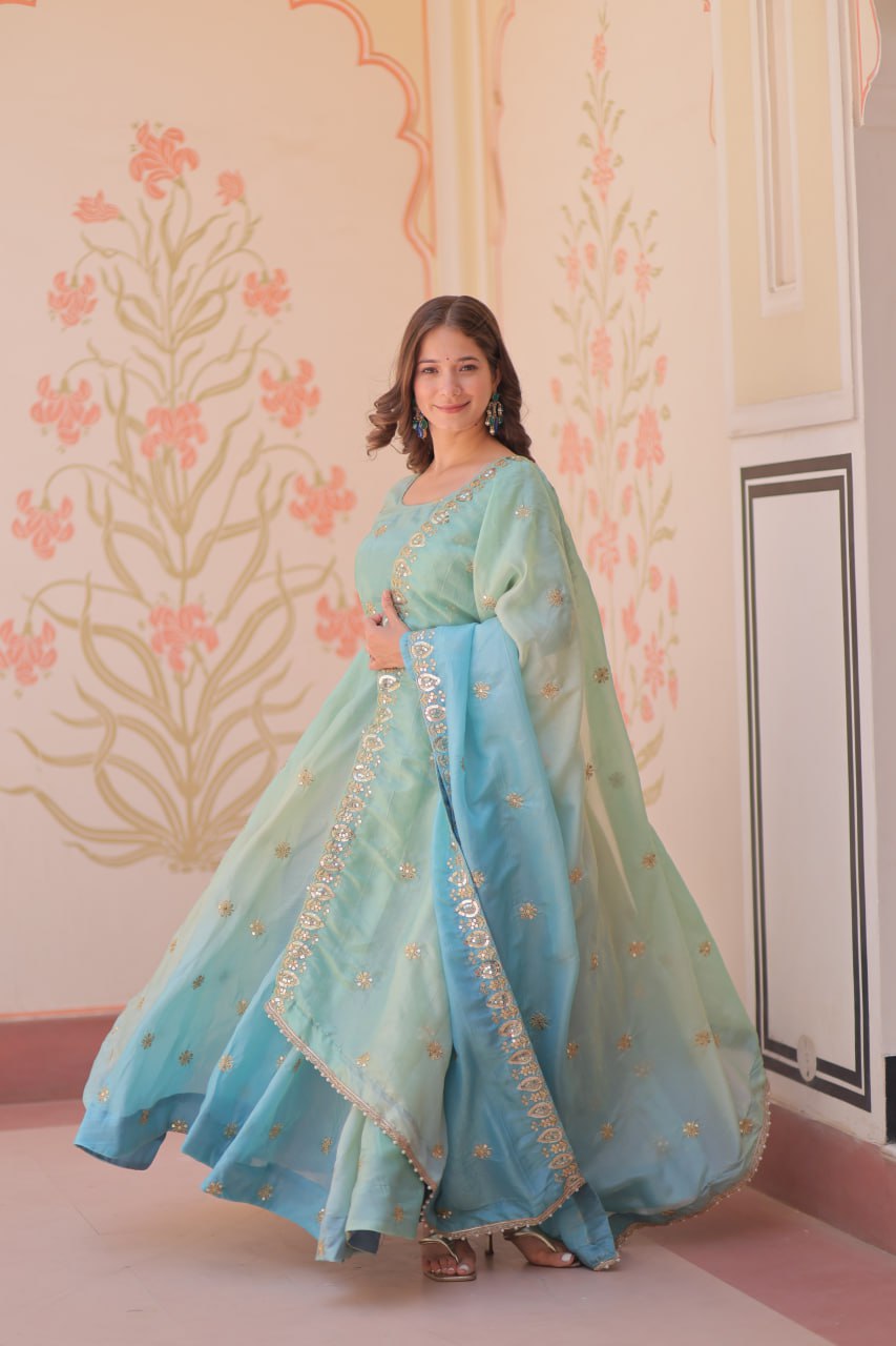 Sky blue organza flair sequins zari embroidery gown with dupatta