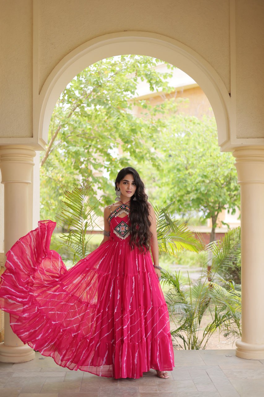 Bhavna Pink Faux Georgette Laheriya Kutchi Patchework Gown