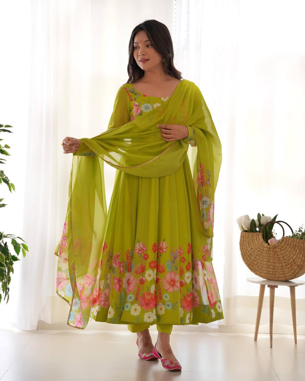 Darshika Green Organza Floral Printed Anarkali Suit Set