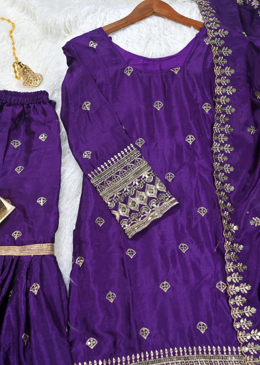 Svara Purple Chinon Embroidered Kurti Sharara Set