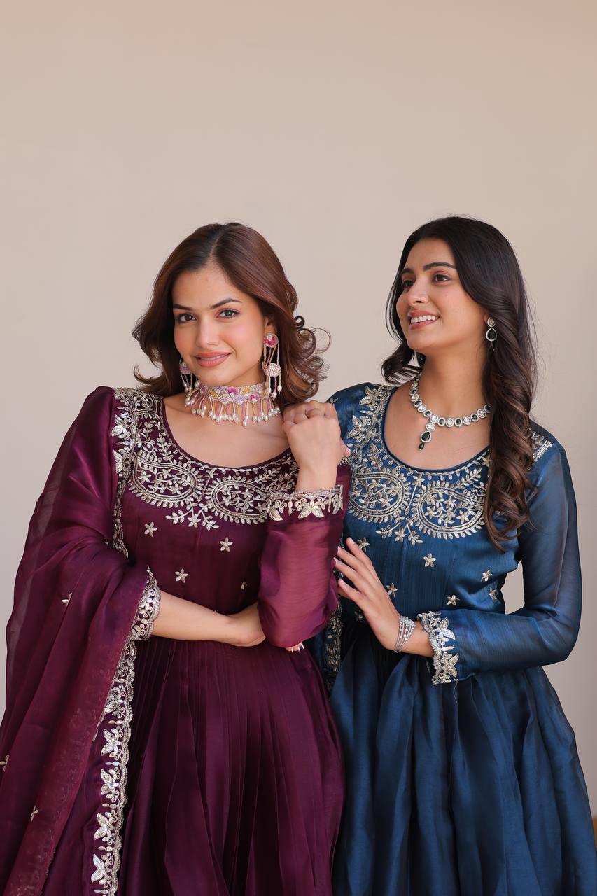 Siddhika Pure Burberry Silk Embroidered Gown Set