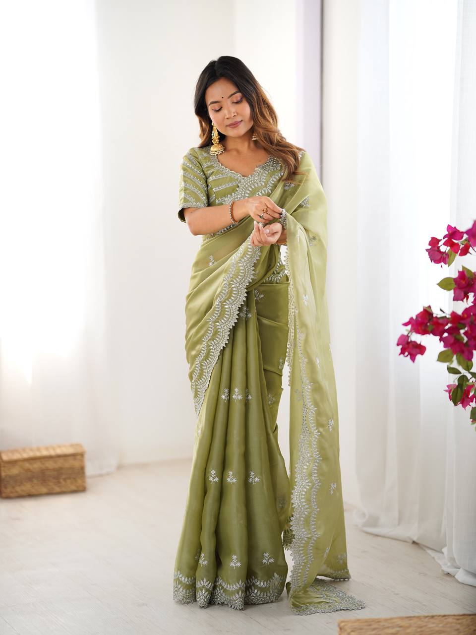 Vikatya pista green Jimmy Choo fabric saree with sequin-thread embroidery & unstitched blouse—perfect for weddings, festivals & party wear.