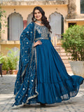 Piya Teal Blue Color Vichitra Silk Sequins Embroidered Gown with Dupatta