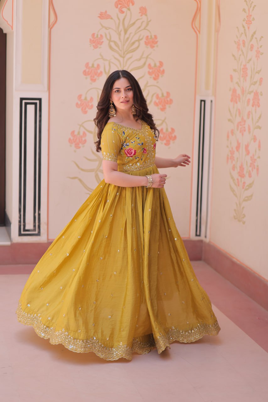 Mustard Yellow Gold Crush gown with zari, sequins, and multi-thread embroidery, featuring V-neck and short sleeves – perfect for weddings and festive occasions