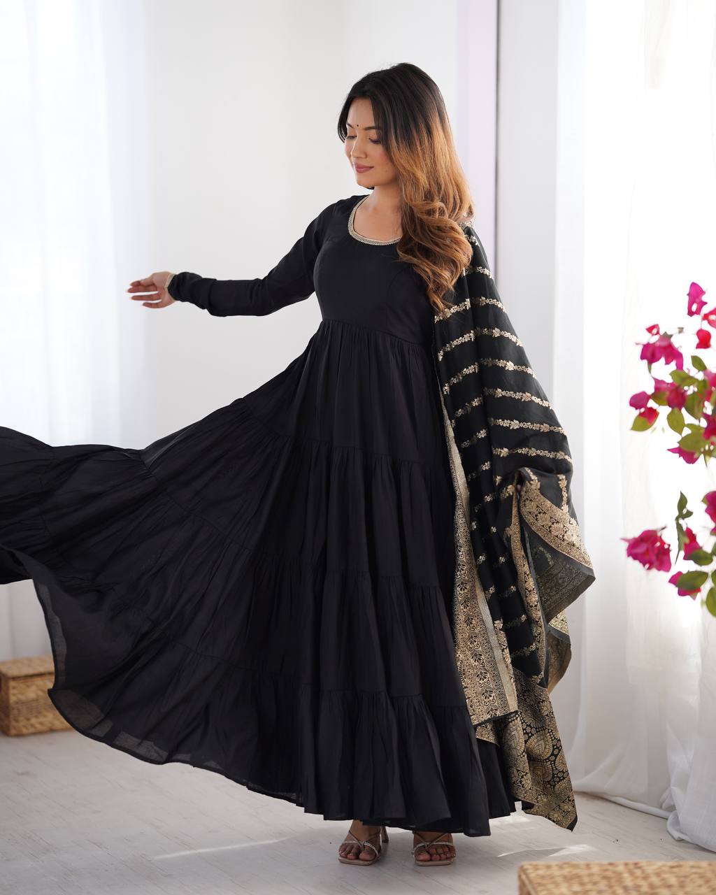 Black Roman Silk Anarkali suit with 9-meter flair, Banarasi dupatta & pant—elegant festive wear for weddings, parties & traditional occasions.
