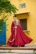 Maroon Vichitra Silk Multi Thread Zari Embroidery Gown with Dupatta