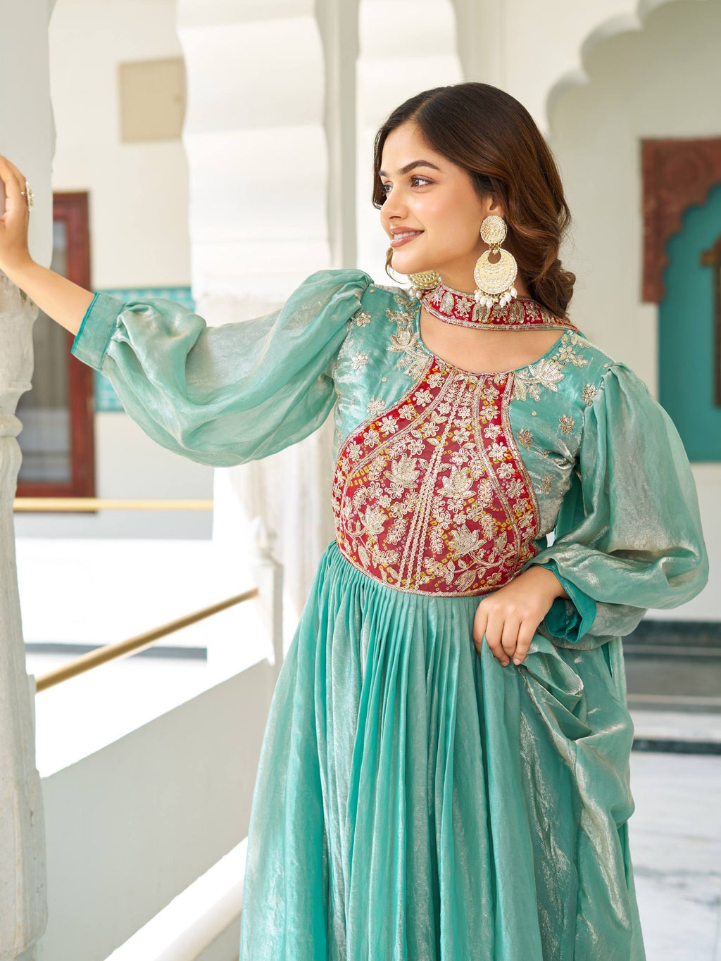 Ritu Sea Green Fendy Silk Sequins Thread Embroidery Work Gown with Dupatta