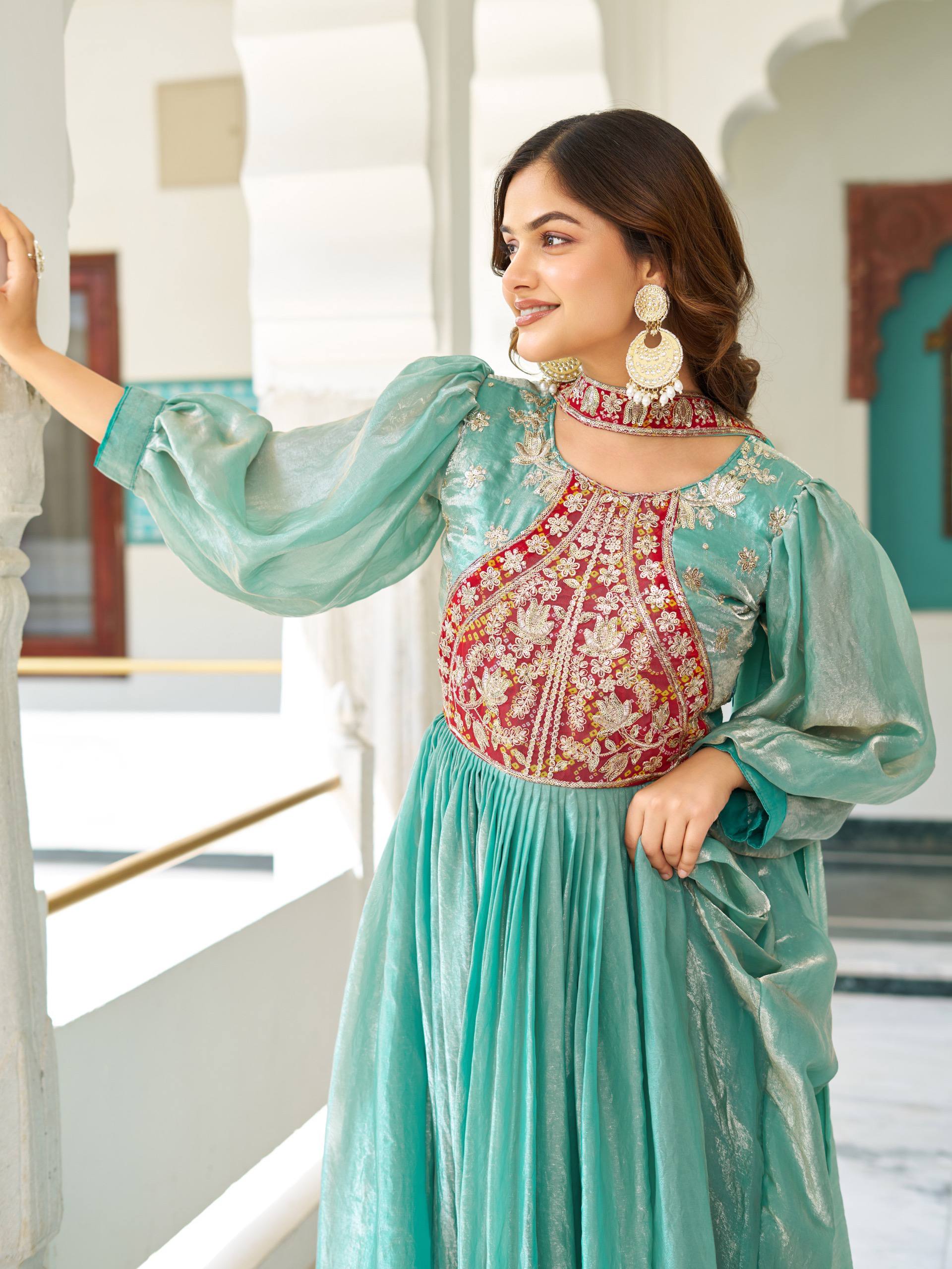 Ritu Sea Green Fendy Silk Sequins Thread Embroidery Work Gown with Dupatta