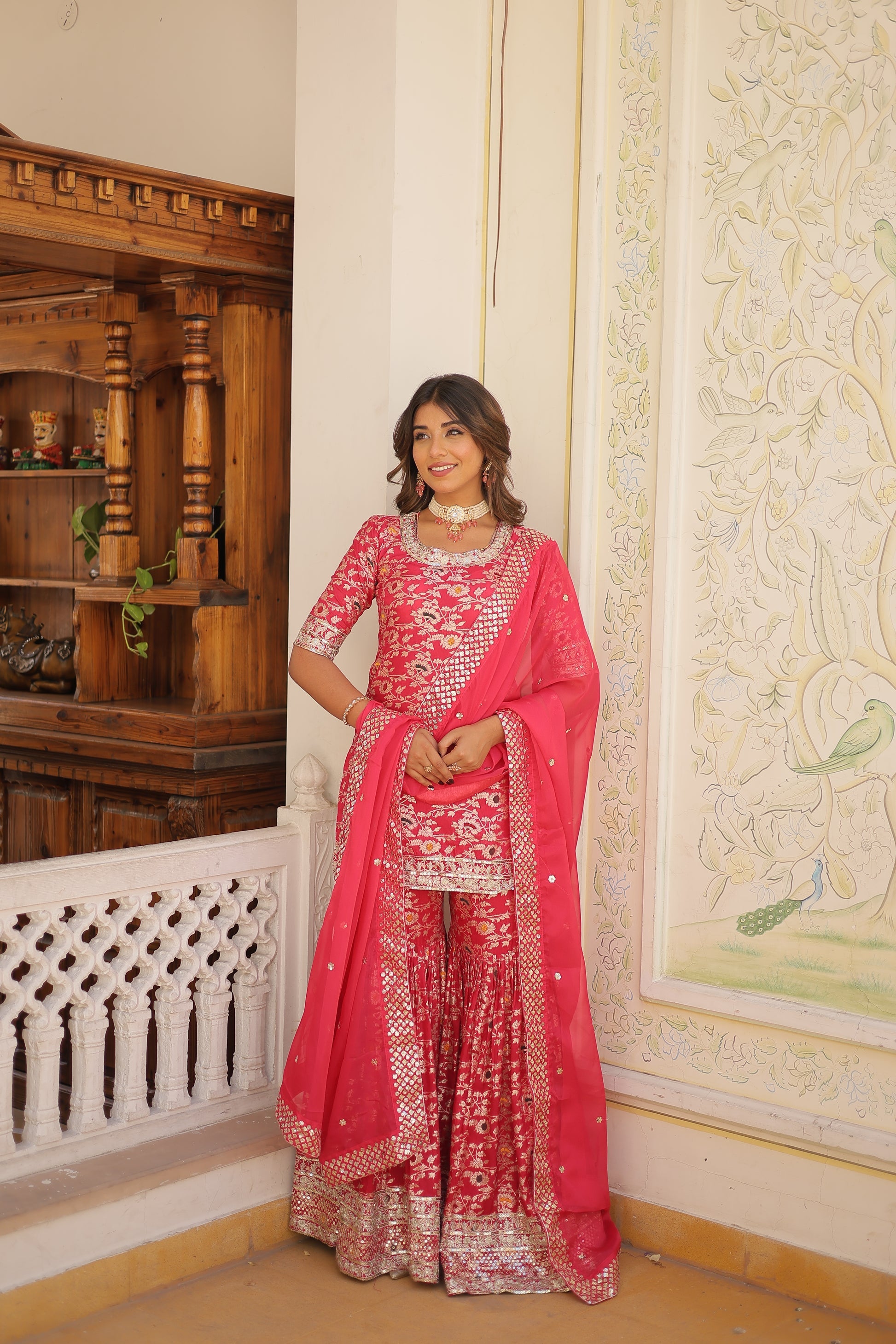Krishnapriya Rani Pink Viscose Embroidered Kurti Gharara Set