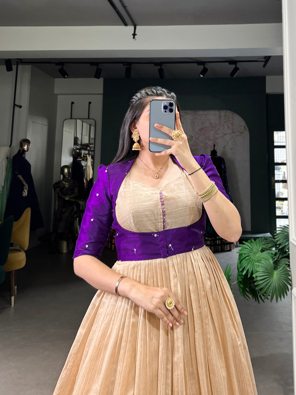 Beige Silk Printed Gown with Embroidered Banglory Koti