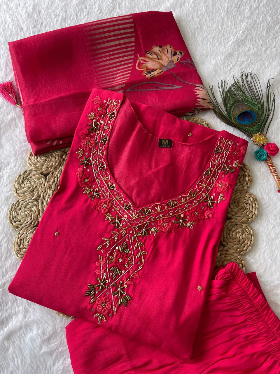 Srija Pink Roman Silk Embroidered Kurti Set with Dupatta