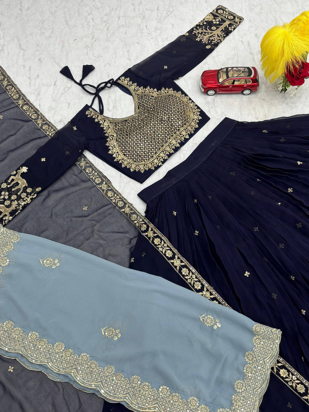 Navy Blue Fox Georgette Heavy Embroidered Designer Lehenga Choli with Dupatta