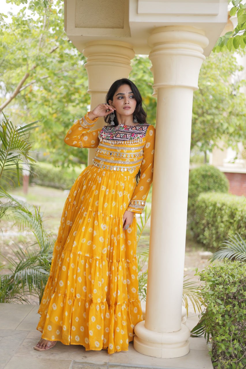 Lavanya Yellow Faux Georgette Bandhani Kutchi Patchwork Gown