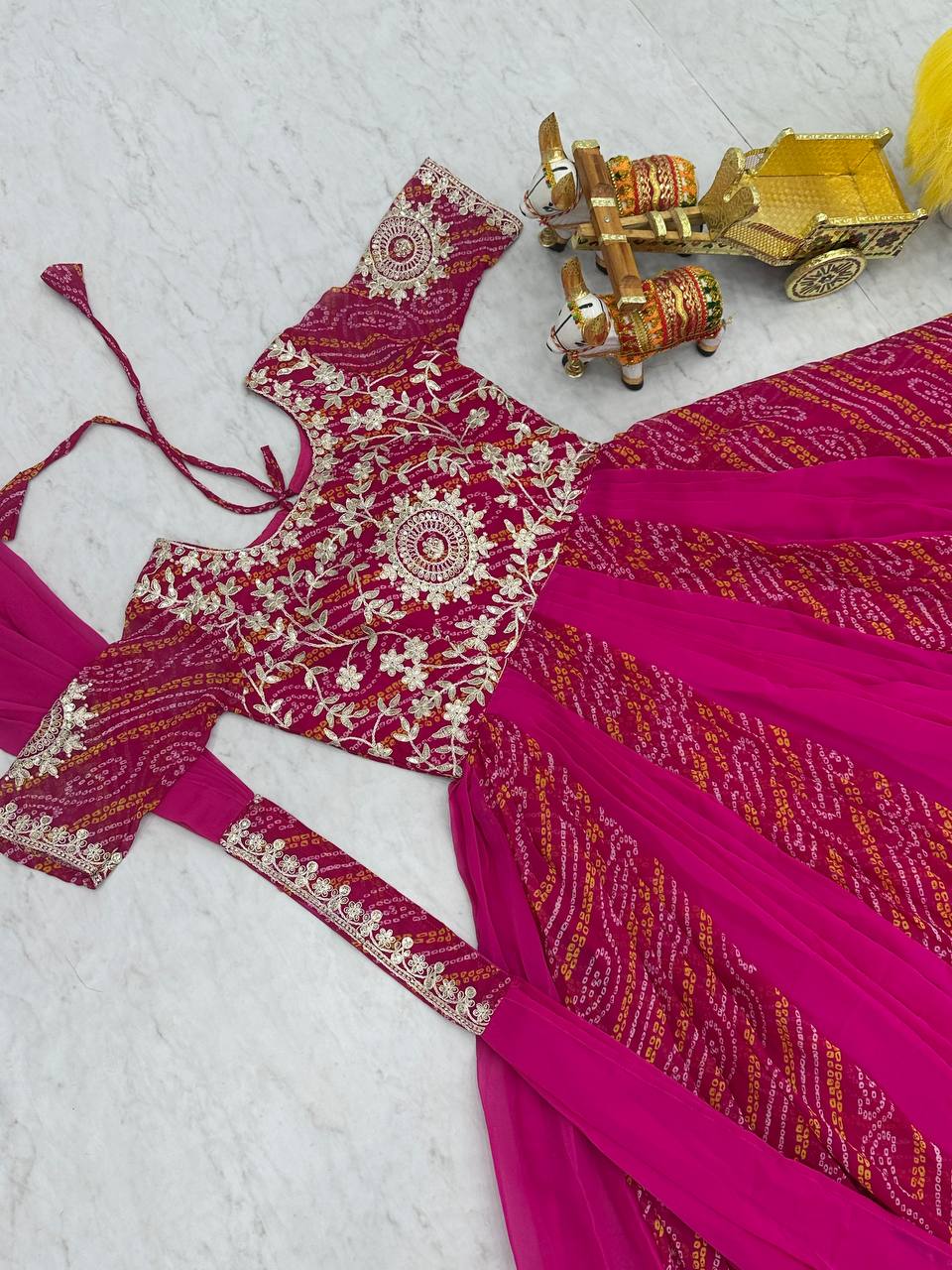 Saanvi Pure Bandhej Georgette Embroidered Gown Set