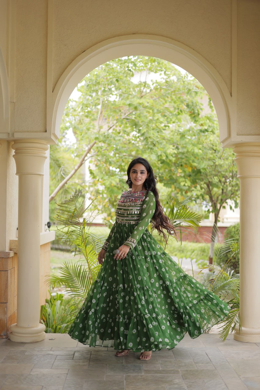 Lavanya Green Faux Georgette Bandhani Kutchi Patchwork Gown