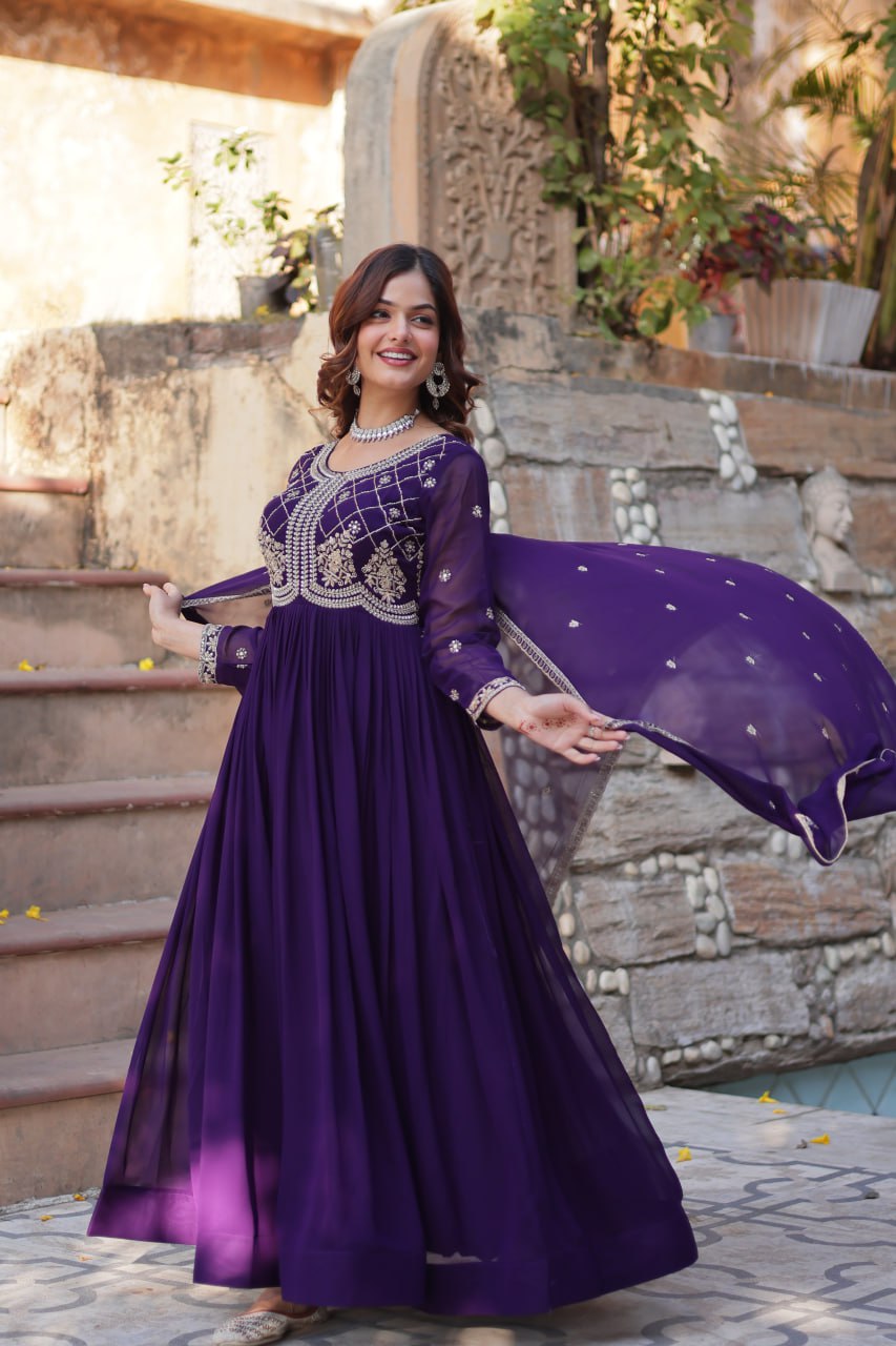 Chamvika Purple Designer Gown with Dupatta – party wear gown for women, long gown for wedding, Indian ethnic gown online, sequin embroidered gown, purple gown for reception, full sleeve gown dress, Indo western gown for girls, traditional Indian wear, stylish gown for engagement, readymade gown for festival, bridal gown with dupatta.