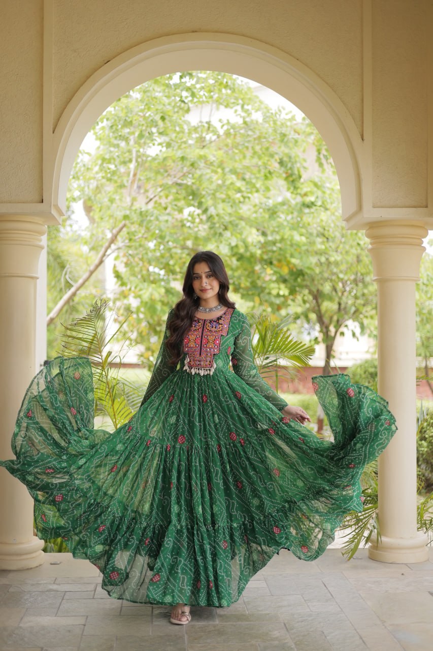 Ira Green Faux Georgette Bandhani Kutchi Patchwork Gown