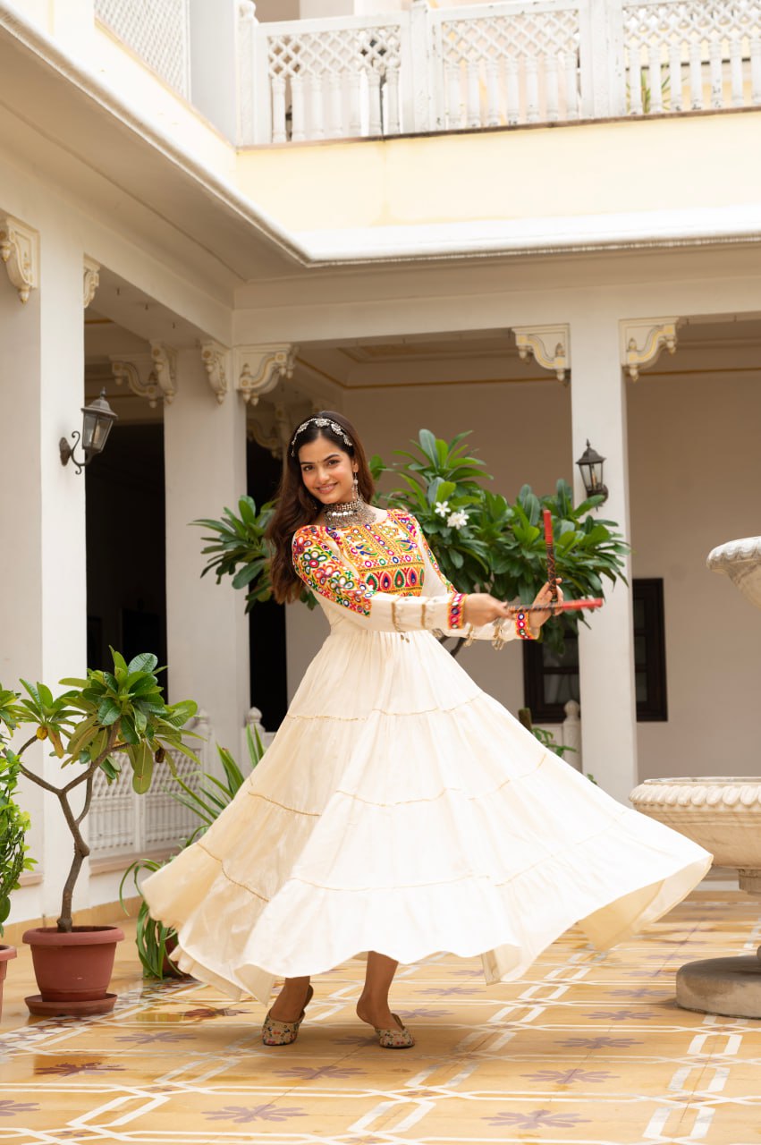 Off-White Kora Cotton Kutchi Gamthi Mirror Work and Kodi Lace Gown