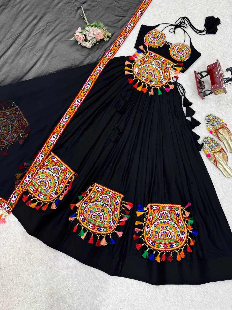 Black Rayon Gamthi Thread Mirror Work Navratri Lehenga Choli with Dupatta