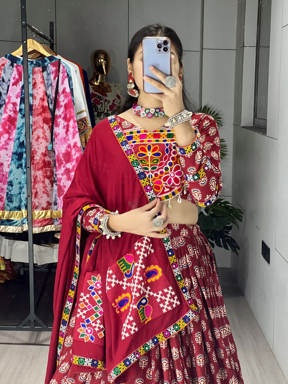 Maroon Ajrakh Print Rayon Cotton Mirror Work Lehenga Choli